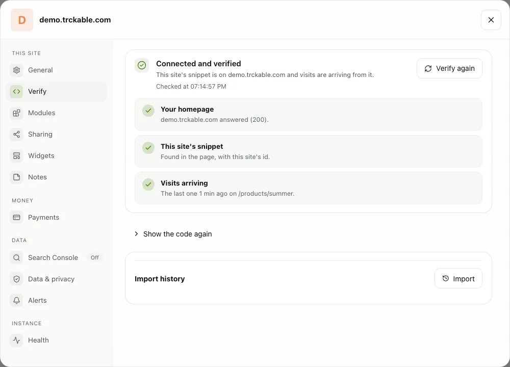 The Verify panel: homepage answered, snippet found, visits arriving.