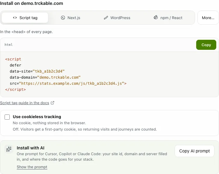 The Install panel with the script tag for the Script tag method.