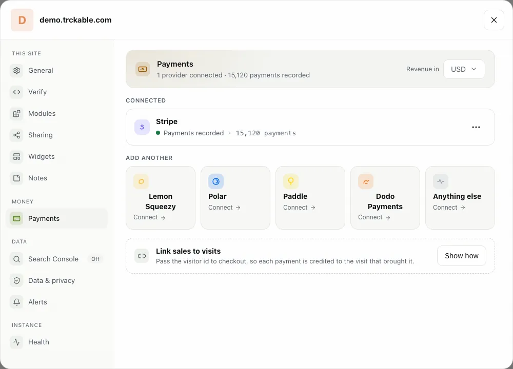 The Payments tab: Stripe connected and the other providers listed under Add another.