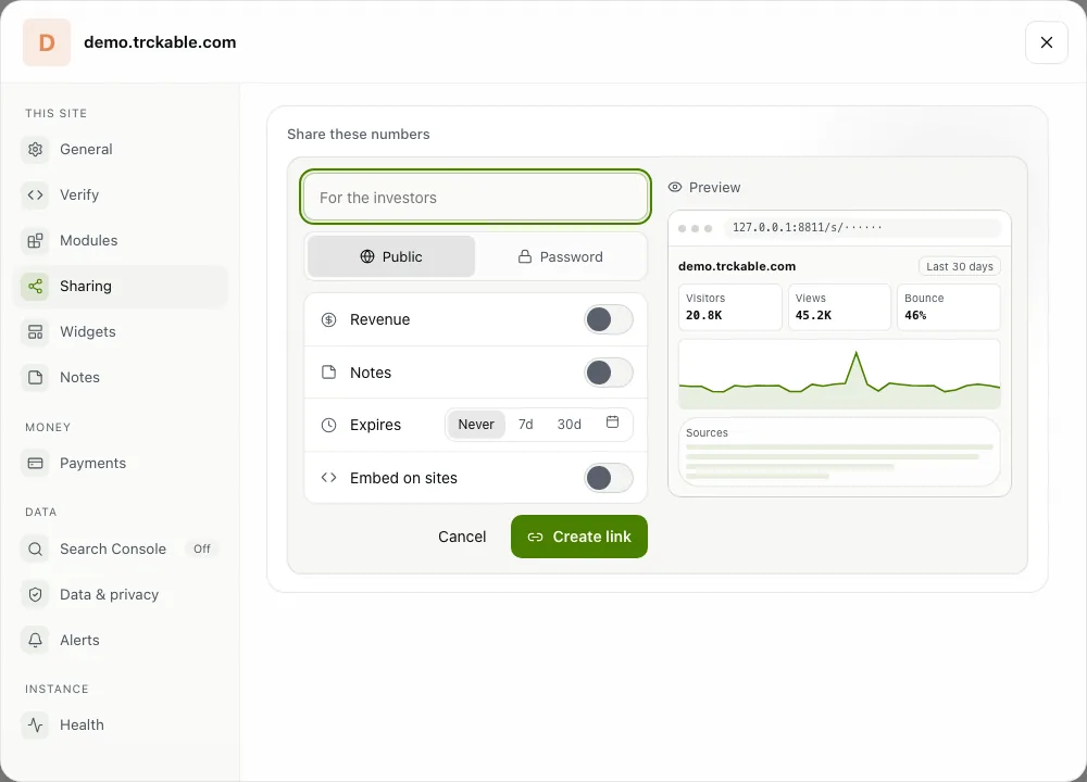 The New link form with name, who can open it, revenue, notes, expiry and embedding, and a preview of the shared page.