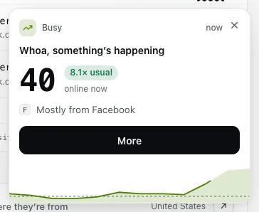 The busy card: 40 people online now, 8.1 times the usual, mostly from Facebook.